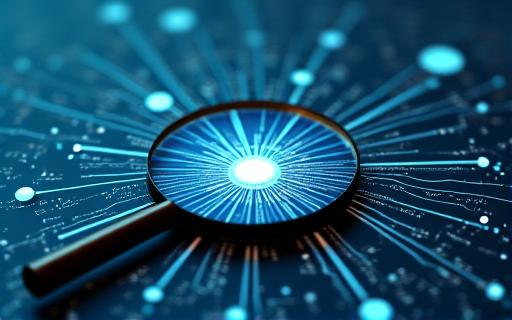 Magnifying glass over a network diagram.